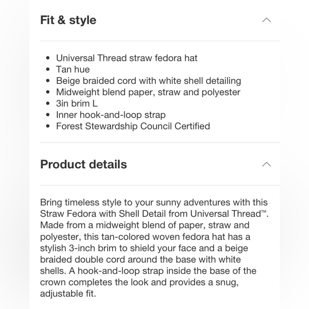 Universal Thread | Straw Fedora with Shell Detail Size L/XL NWT - Picture 10 of 10